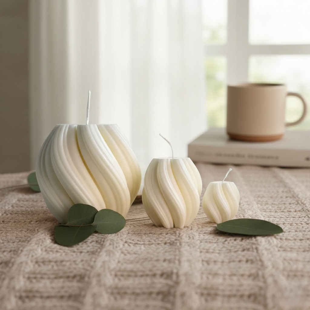 3er Set Wellenkerzen (L+M+S) - Handgemachte Sojawachskerze - Deko für Wohnzimmer - Spiral-Kerzen - Geschenke für Frauen - Weiße Kerze