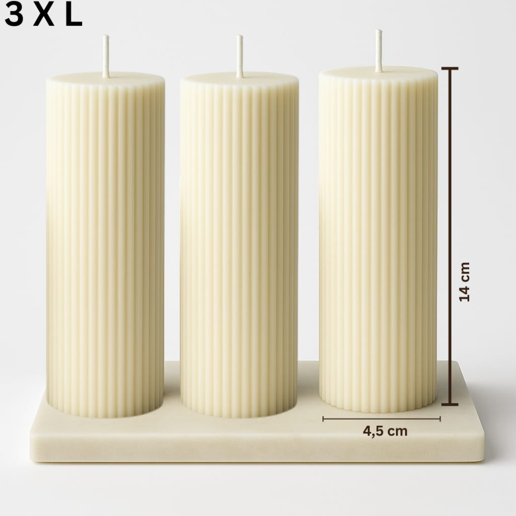 3er Set XL Stumpenkerzen mit Rillen-Design – Modern & Elegant – Creme/Beige – Höhe 14 cm, Ø 4,5 cm